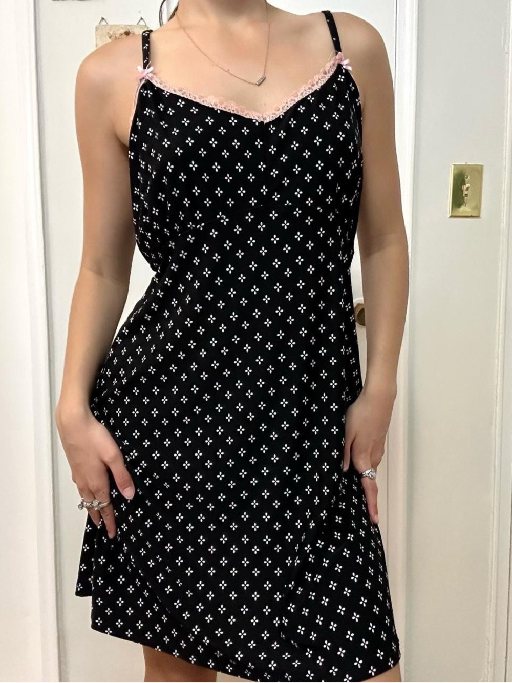 💜 Vintage Slip Dress Black & Pink Lace Trim | Size XL
